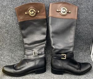 Michael Kors Two-Tone Leather Riding Boots Black Brown Gold MK Logo Size 8.5M
